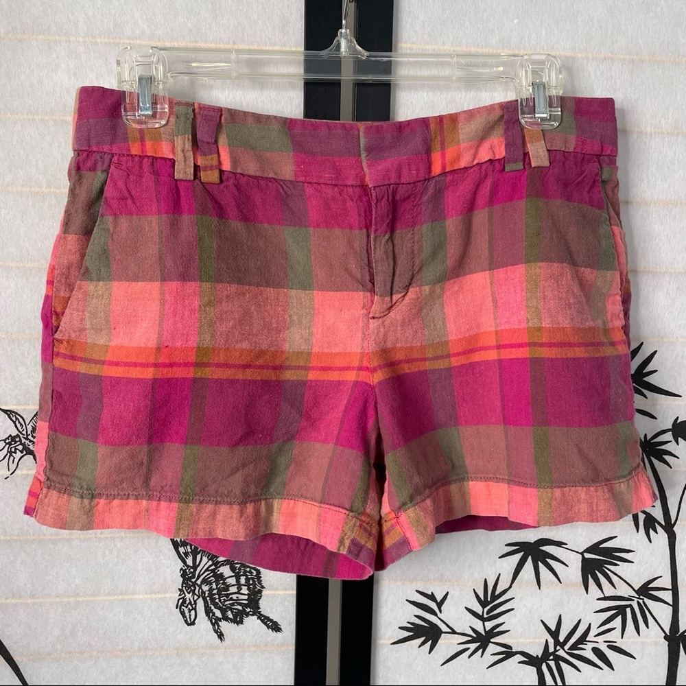 Loft Womens Short Shorts Beach Sz 2 Plaid Linen Cotton Blend Pink Green